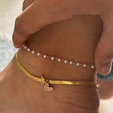 Set of 2 - sleek snake chain anklet with charm & dainty pearl anklet