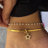 Set of 2 - sleek snake chain anklet with charm & dainty pearl anklet