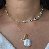 Set of 2 - Pearl Necklace with Initial + Dainty Evil Eye Choker