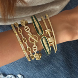 Set of 4: Classic cuff, Link chain cuff, Green Openable Cuff Bracelet, Gold Double Link Studded Cuff