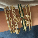 Set of 4: Classic cuff, Link chain cuff, Green Openable Cuff Bracelet, Gold Double Link Studded Cuff