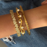 Set of 3: Irregular Pearl Bracelet, Gold Cove Bracelet, Studded Half Heart Cuff