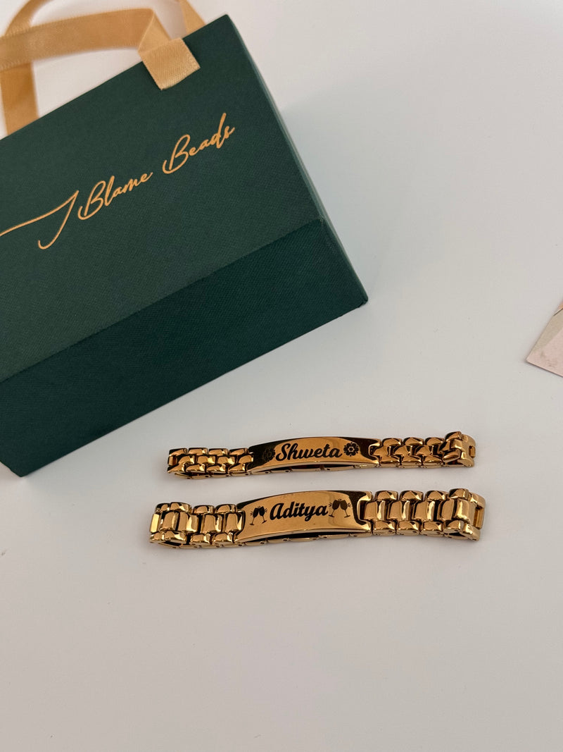 Personalised Name Link Chain Bracelet - Couple Set with gift box and note