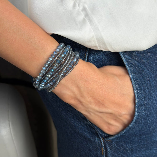Blue Smoke Crystals Beaded Bracelet with Magnetic Closure