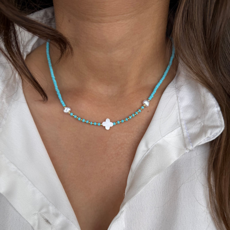 Blue Clover Bead Necklace