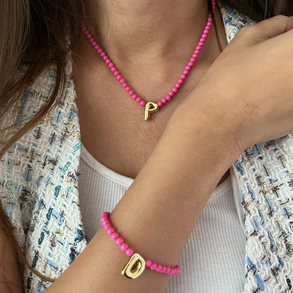 Set of 2- Barbie Pink Necklace and Bracelet with Initial (Newly Launched)