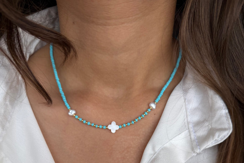 Blue Clover Bead Necklace