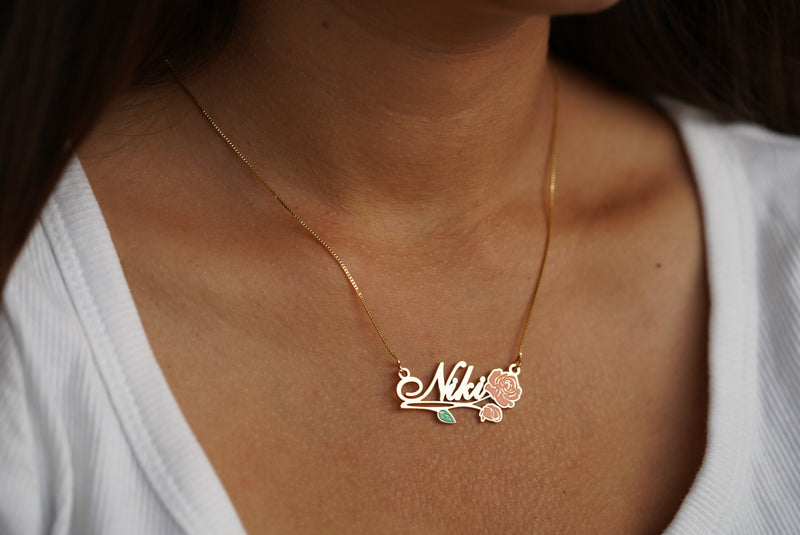 Dainty Name Necklace with Vintage Flower