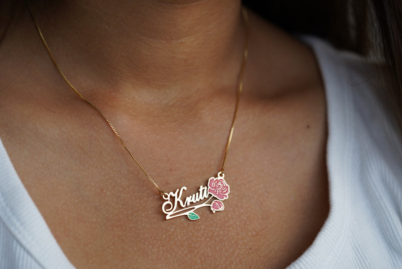 Dainty Name Necklace with Vintage Flower