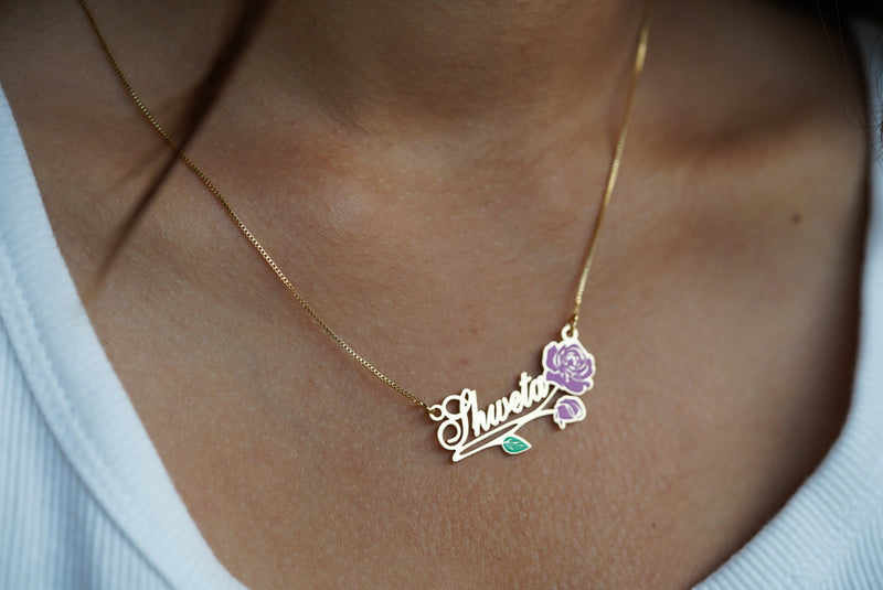 Dainty Name Necklace with Vintage Flower