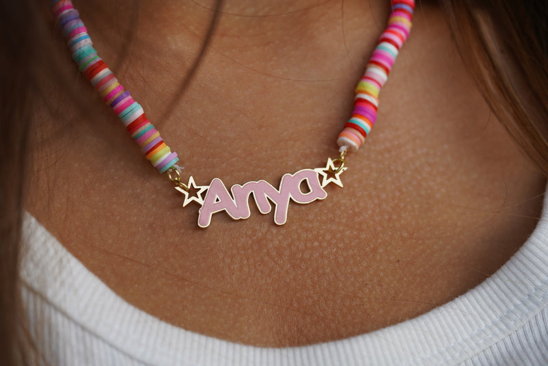 Personalised Beaded Rainbow Kids Enamel Name Necklace