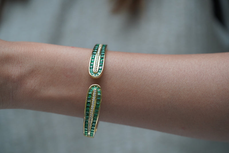 Set of 4: Classic cuff, Link chain cuff, Green Openable Cuff Bracelet, Gold Double Link Studded Cuff