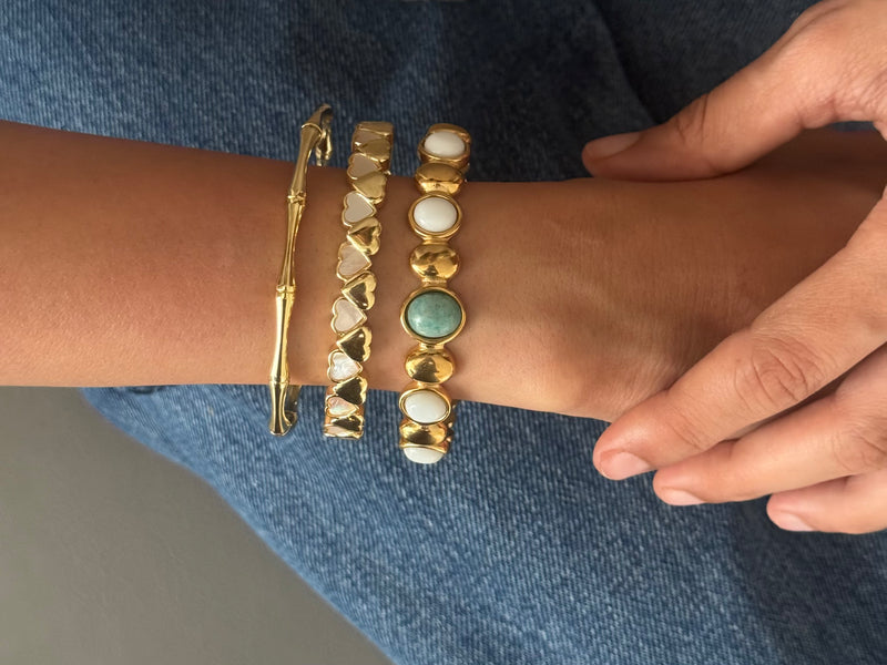 Set Of 3 : Amazonite Gemstone Cuff, Bamboo cuff, Heart cuff