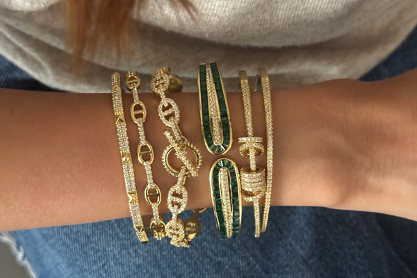 Set of 4: Classic cuff, Link chain cuff, Green Openable Cuff Bracelet, Gold Double Link Studded Cuff