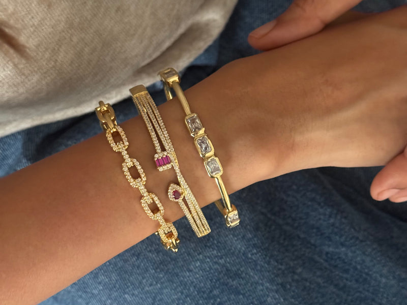 Set of 3:Studded Link Bracelet Cuff, Minimal Sparkling Cuff, Dainty Ruby Cuff