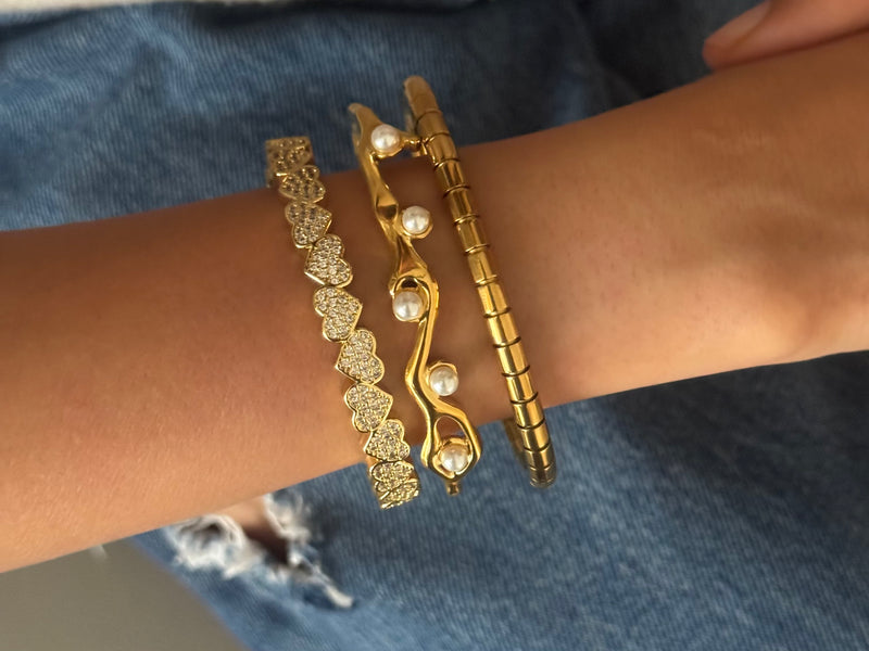Set of 3: Irregular Pearl Bracelet, Gold Cove Bracelet, Studded Half Heart Cuff