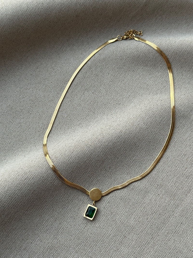 Snake Chain Necklace with Green Stone