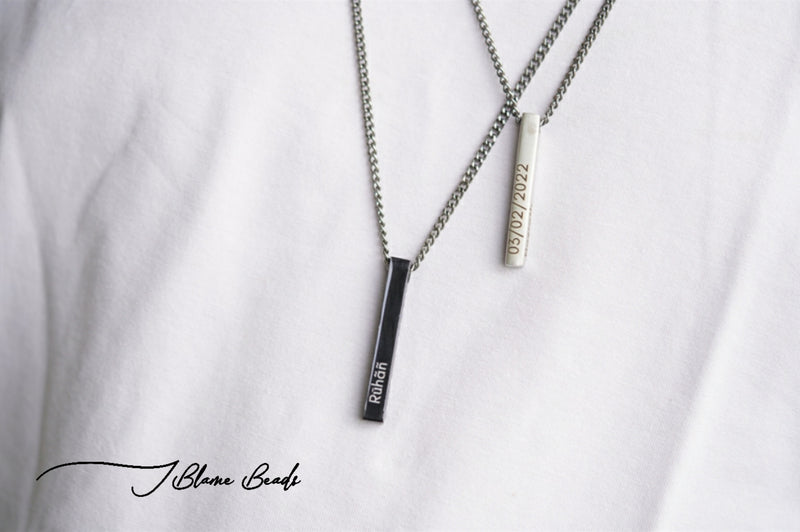 Personalized Men's Bar Necklace with Leather Cord - Engrave Names & Moments